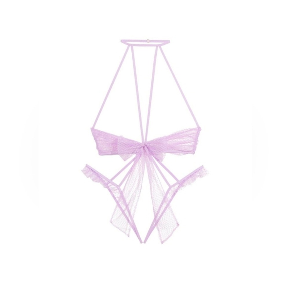Victorias Secret Purple Mesh Bow Open Bust Strappy Teddy size S NWT